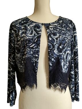 Navy Blue Printed Lace Trimmed Cropped Cardigan